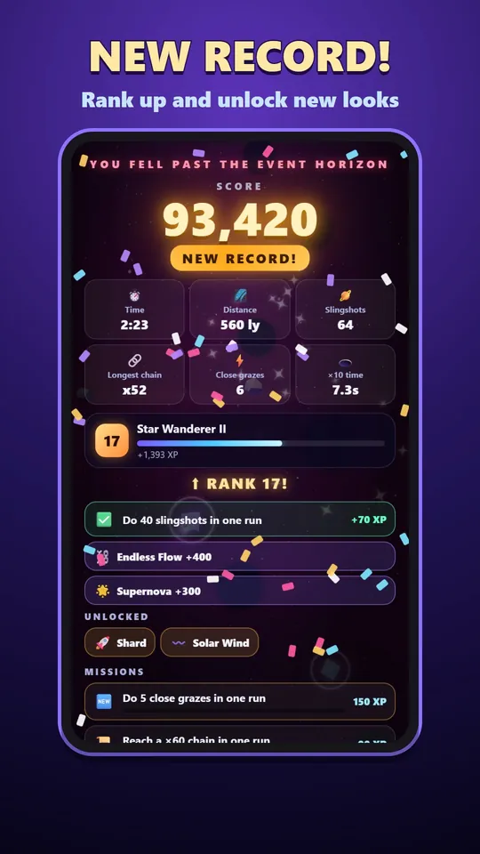 Event Horizon – The results screen with a new record and a rank-up
