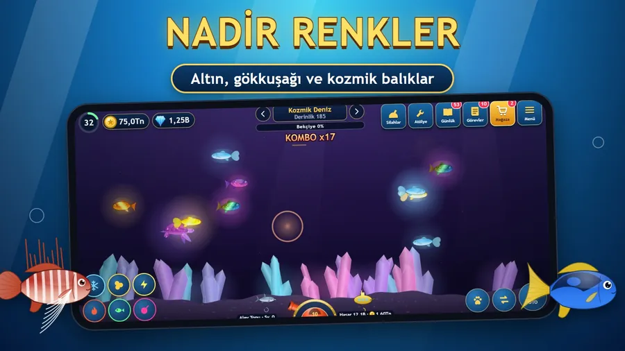 Fishing Diary altın, gökkuşağı ve kozmik nadir balıklar ekranı