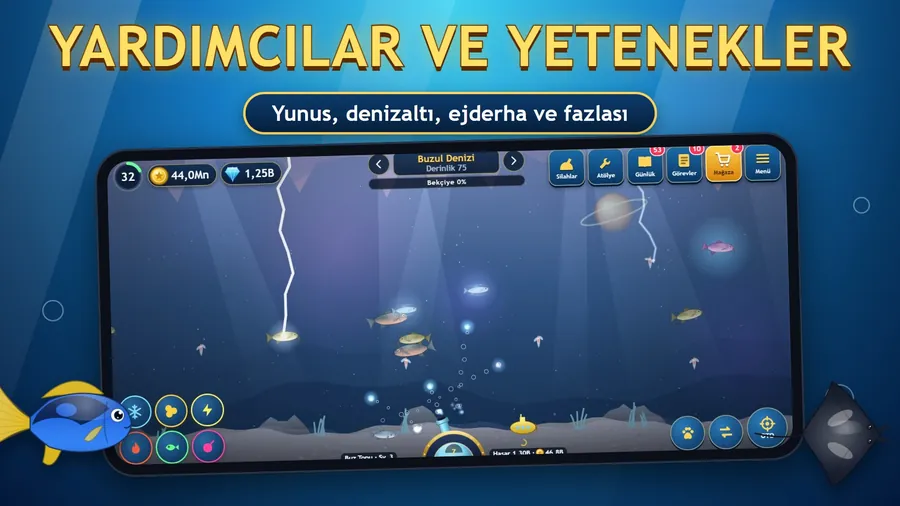 Fishing Diary yardımcılar ve yetenekler ekranı