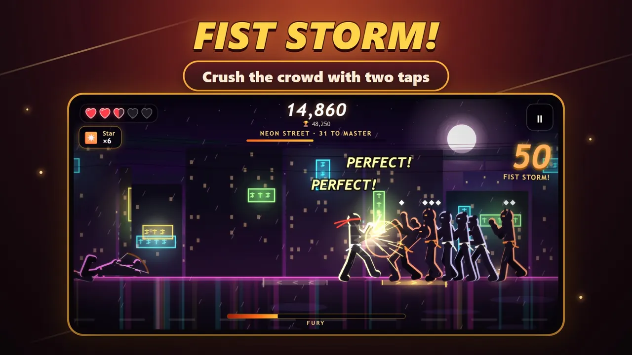 Fury Fist – A fist storm crushing a crowd on Neon Street