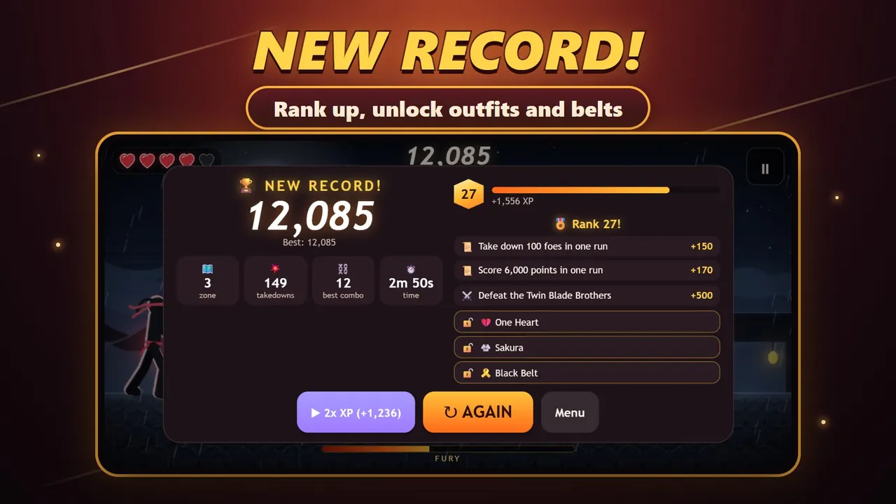 Fury Fist – The results screen with a new record, a rank-up and unlocked outfits and belts