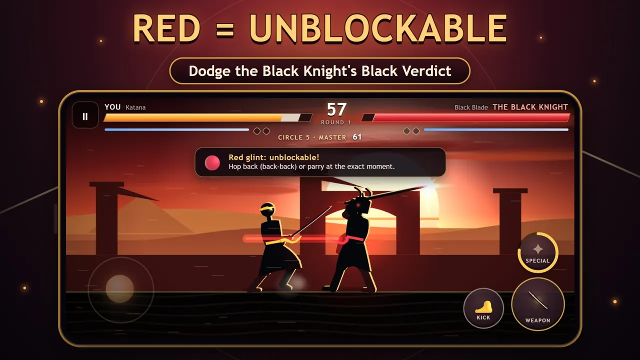 Iron Duel – The Black Knight winds up an unblockable red strike