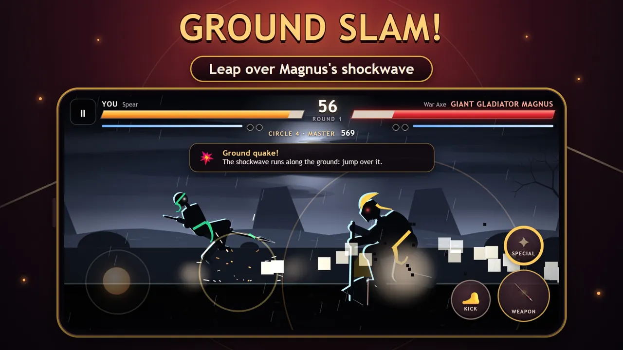 Iron Duel – Jumping over Magnus's ground-shaking shockwave