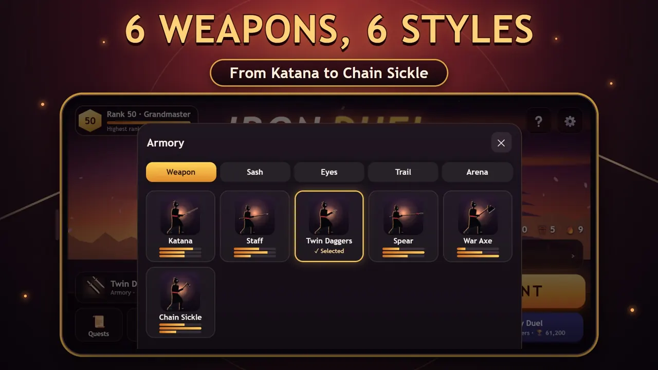 Iron Duel – The armory with six weapons