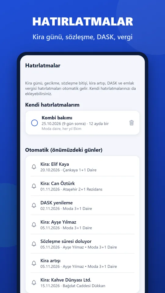 Hatırlatmalar: kira günü, sözleşme, DASK, vergi