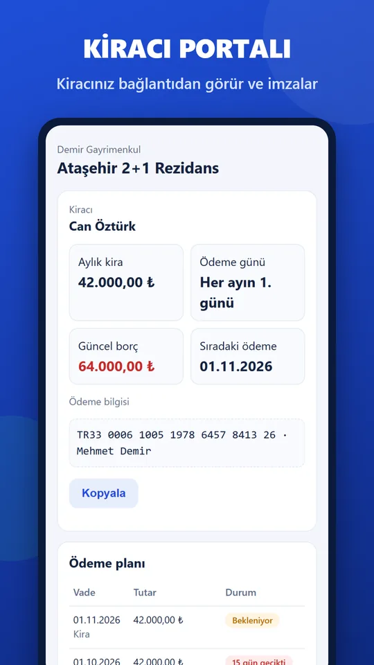 Kiracı portalı: kiracınız bağlantıdan görür ve imzalar