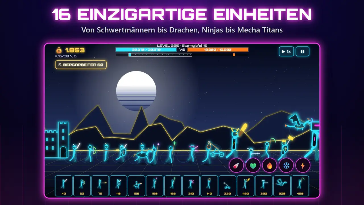 Neon Burgen – 16 EINZIGARTIGE EINHEITEN. Von Schwertmännern bis Drachen, Ninjas bis Mecha Titans