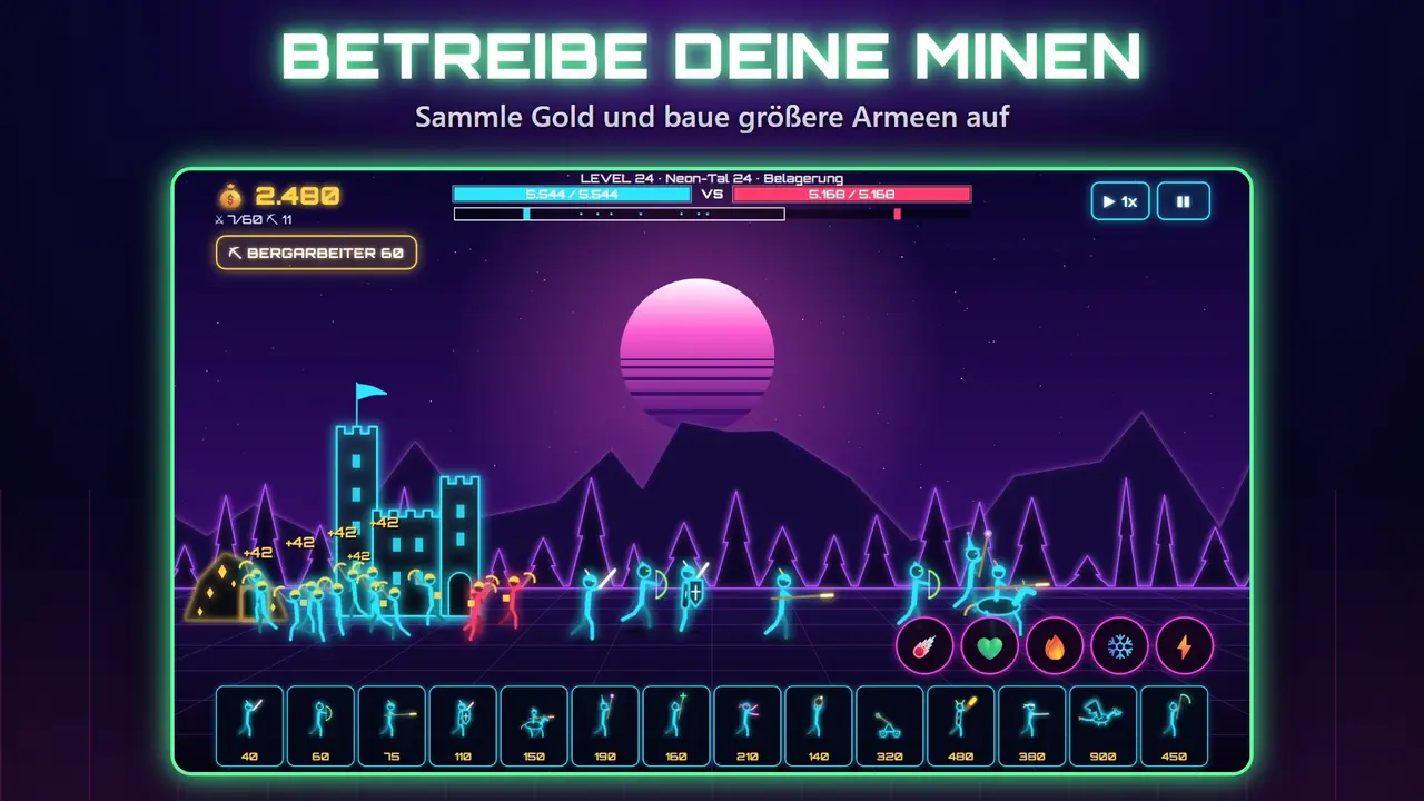 Neon Burgen – BETREIBE DEINE MINEN. Sammle Gold und baue größere Armeen auf