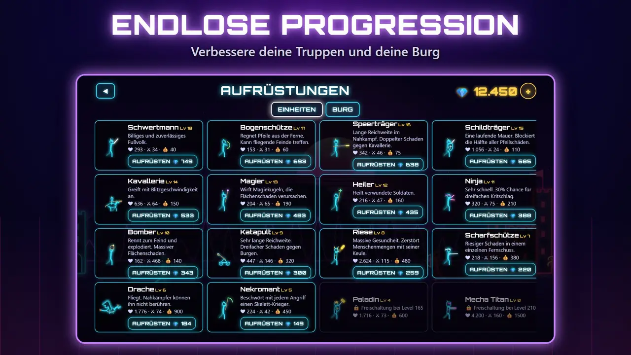 Neon Burgen – ENDLOSE PROGRESSION. Verbessere deine Truppen und deine Burg