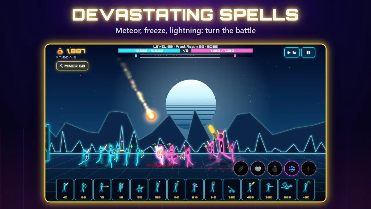 Neon Castles – DEVASTATING SPELLS. Meteor, freeze, lightning: turn the battle