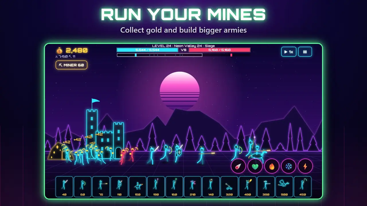 Neon Castles – RUN YOUR MINES. Collect gold and build bigger armies