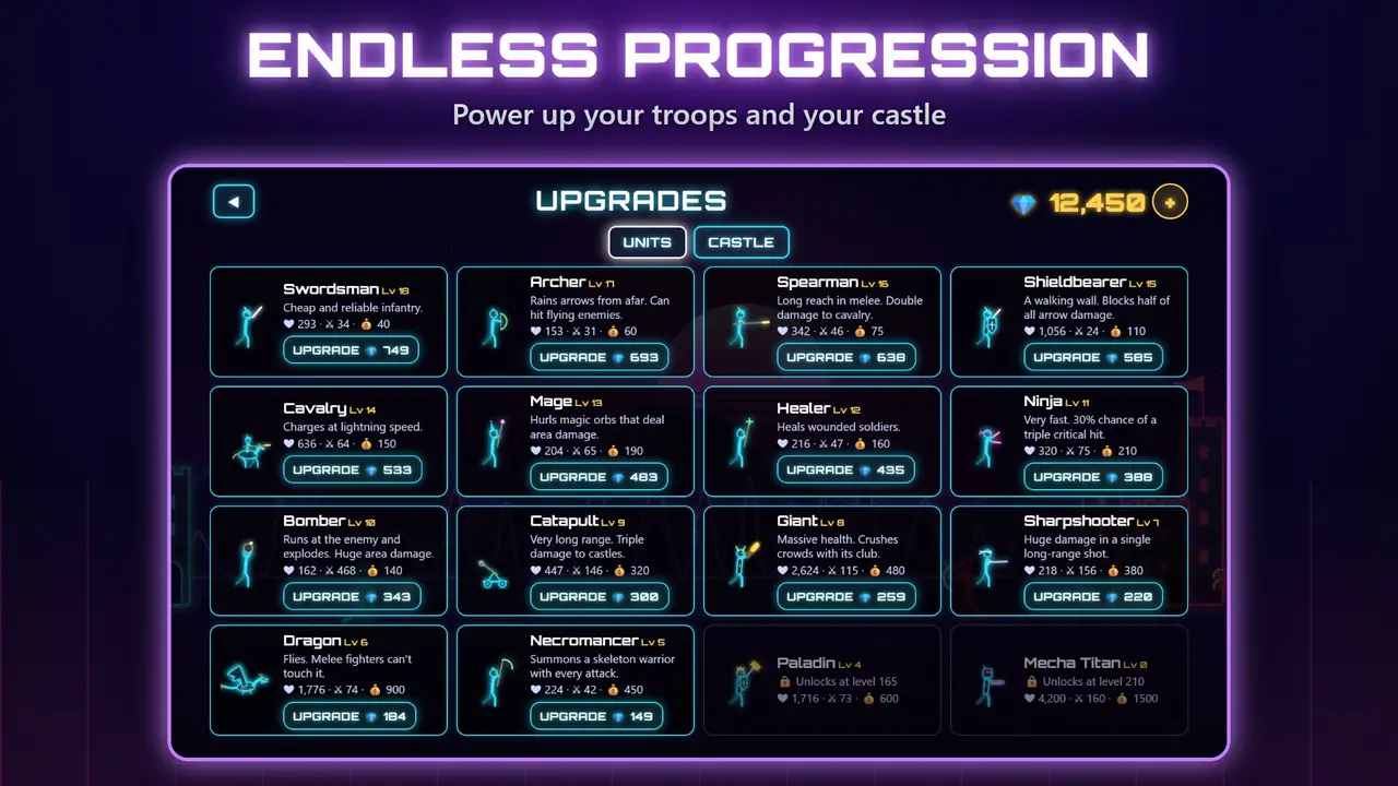 Neon Castles – ENDLESS PROGRESSION. Power up your troops and your castle