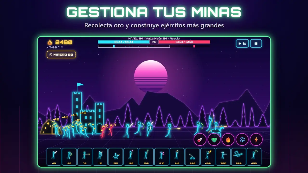 Neon Castillos – GESTIONA TUS MINAS. Recolecta oro y construye ejércitos más grandes