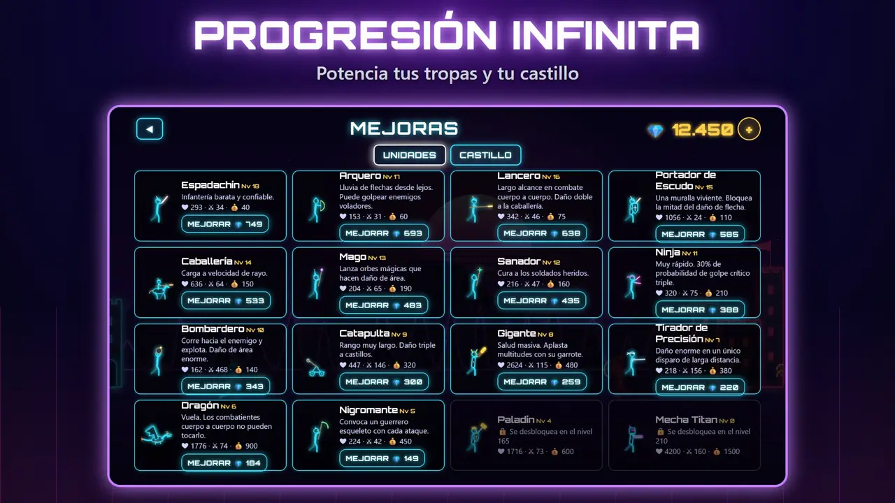 Neon Castillos – PROGRESIÓN INFINITA. Potencia tus tropas y tu castillo