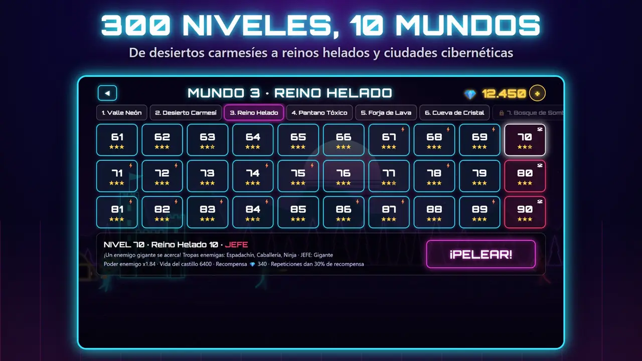 Neon Castillos – 300 NIVELES, 10 MUNDOS. De desiertos carmesíes a reinos helados y ciudades cibernéticas