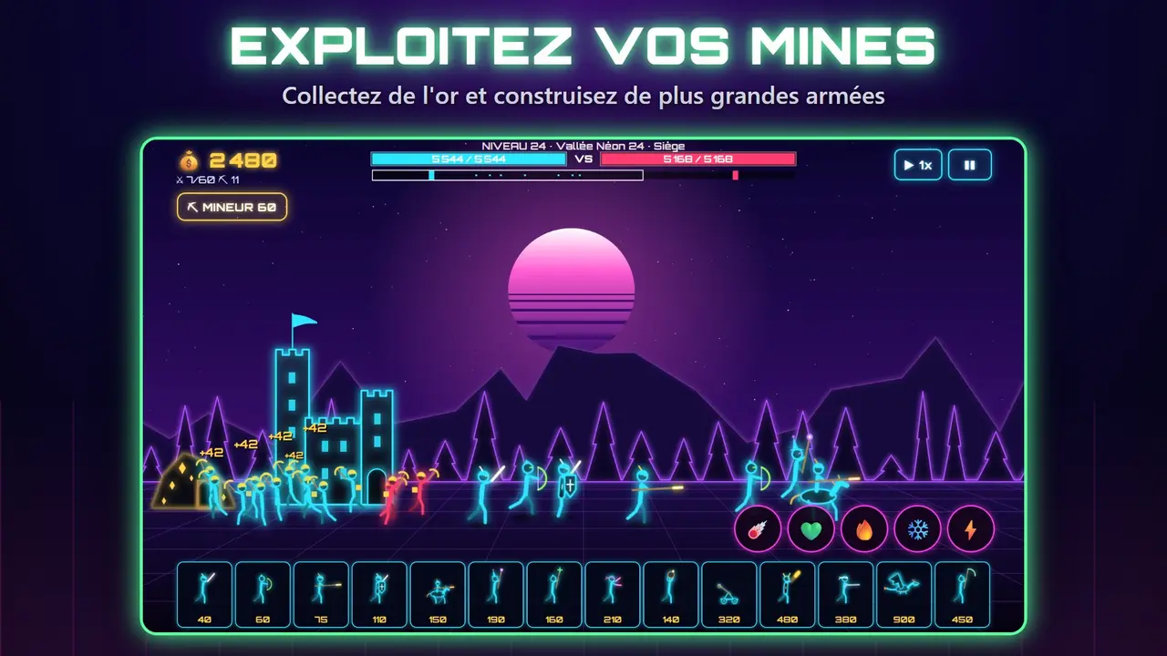 Neon Châteaux – EXPLOITEZ VOS MINES. Collectez de l'or et construisez de plus grandes armées