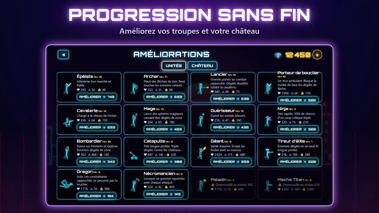 Neon Châteaux – PROGRESSION SANS FIN. Améliorez vos troupes et votre château