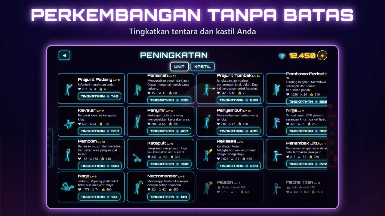 Neon Kastil – PERKEMBANGAN TANPA BATAS. Tingkatkan tentara dan kastil Anda