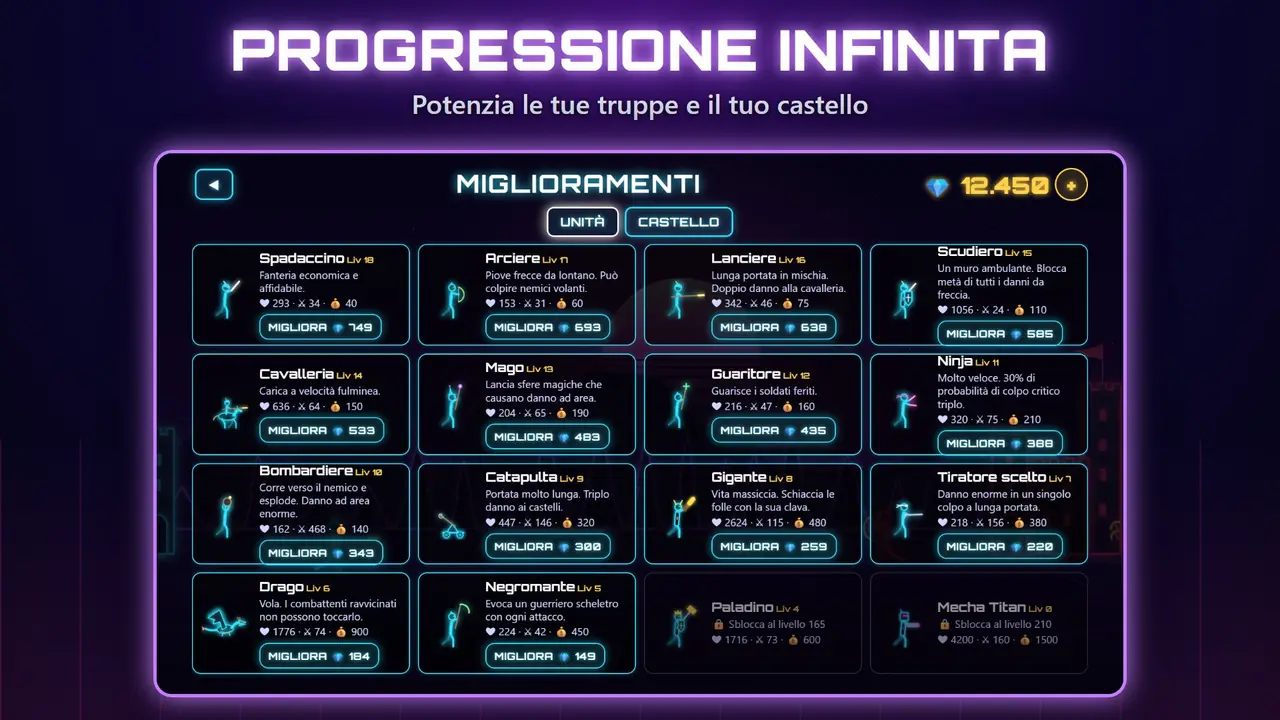Neon Castelli – PROGRESSIONE INFINITA. Potenzia le tue truppe e il tuo castello
