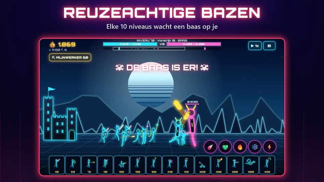 Neon Kastelen – REUZEACHTIGE BAZEN. Elke 10 niveaus wacht een baas op je