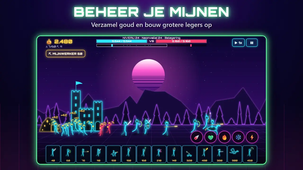 Neon Kastelen – BEHEER JE MIJNEN. Verzamel goud en bouw grotere legers op