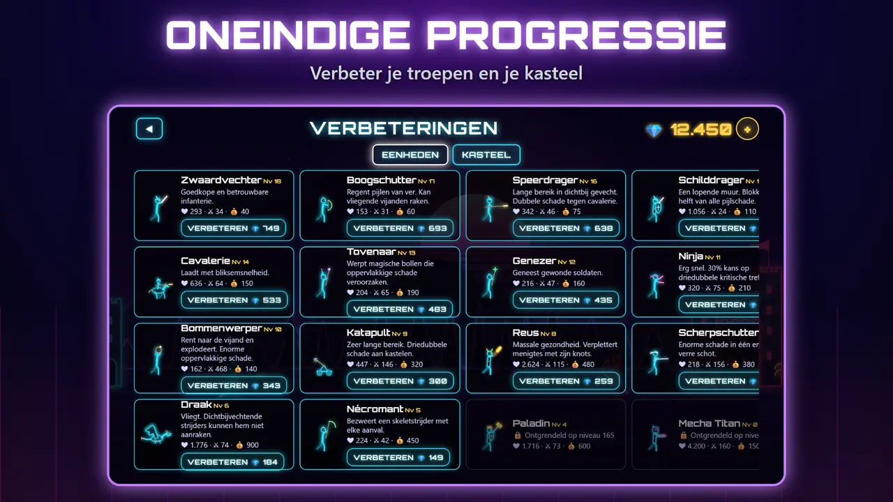 Neon Kastelen – ONEINDIGE PROGRESSIE. Verbeter je troepen en je kasteel