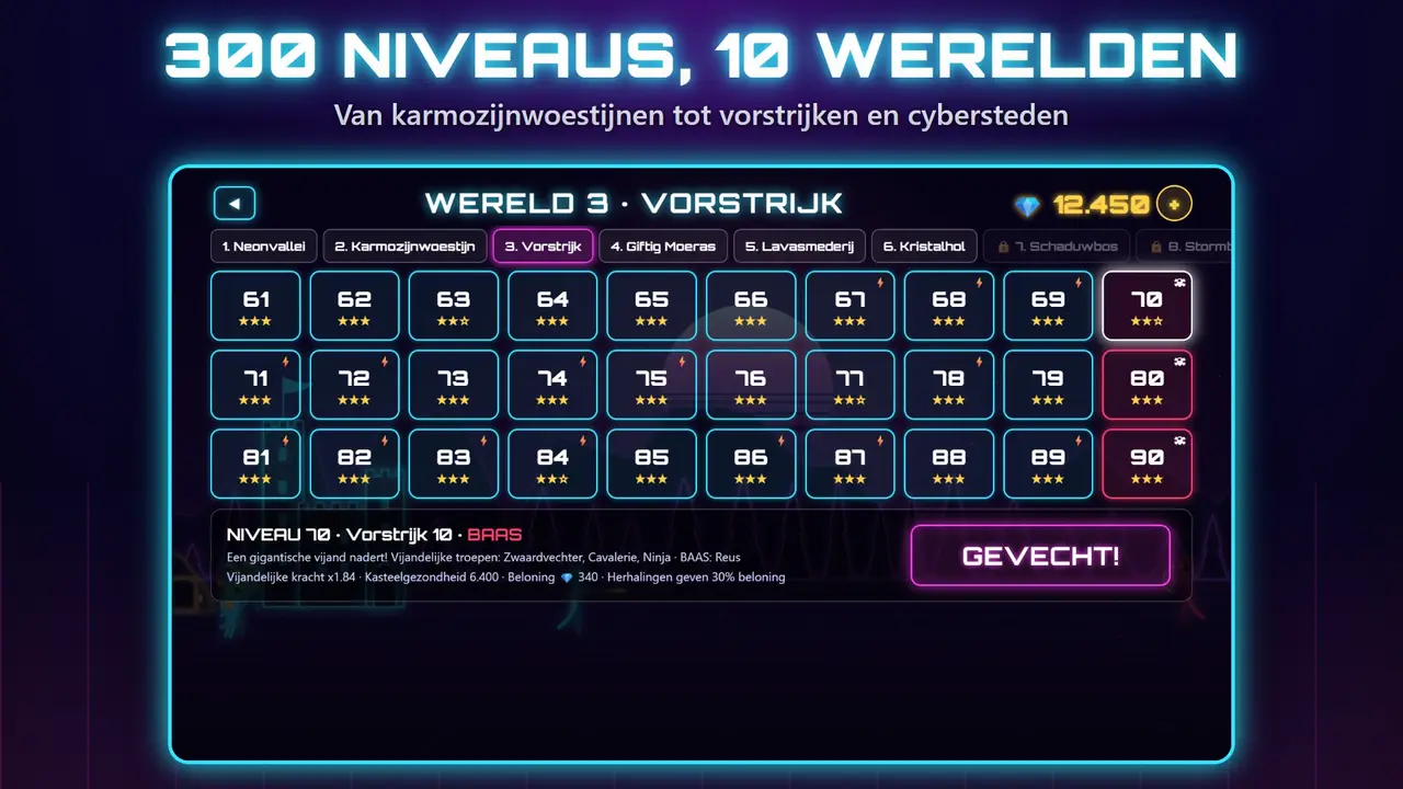 Neon Kastelen – 300 NIVEAUS, 10 WERELDEN. Van karmozijnwoestijnen tot vorstrijken en cybersteden