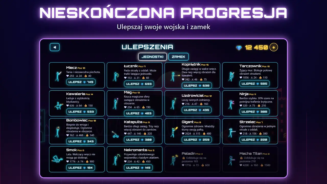 Neon Zamki – NIESKOŃCZONA PROGRESJA. Ulepszaj swoje wojska i zamek