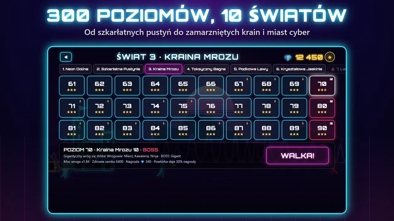Neon Zamki – 300 POZIOMÓW, 10 ŚWIATÓW. Od szkarłatnych pustyń do zamarzniętych krain i miast cyber