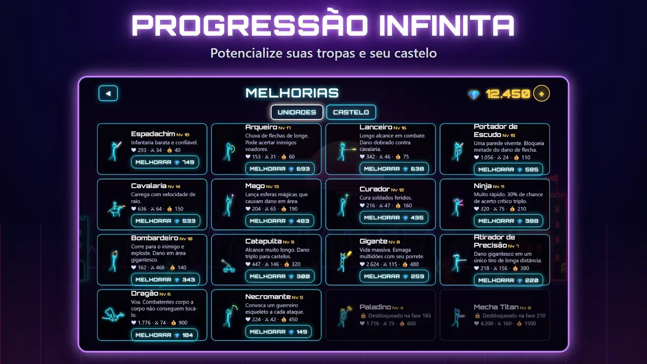 Neon Castelos – PROGRESSÃO INFINITA. Potencialize suas tropas e seu castelo