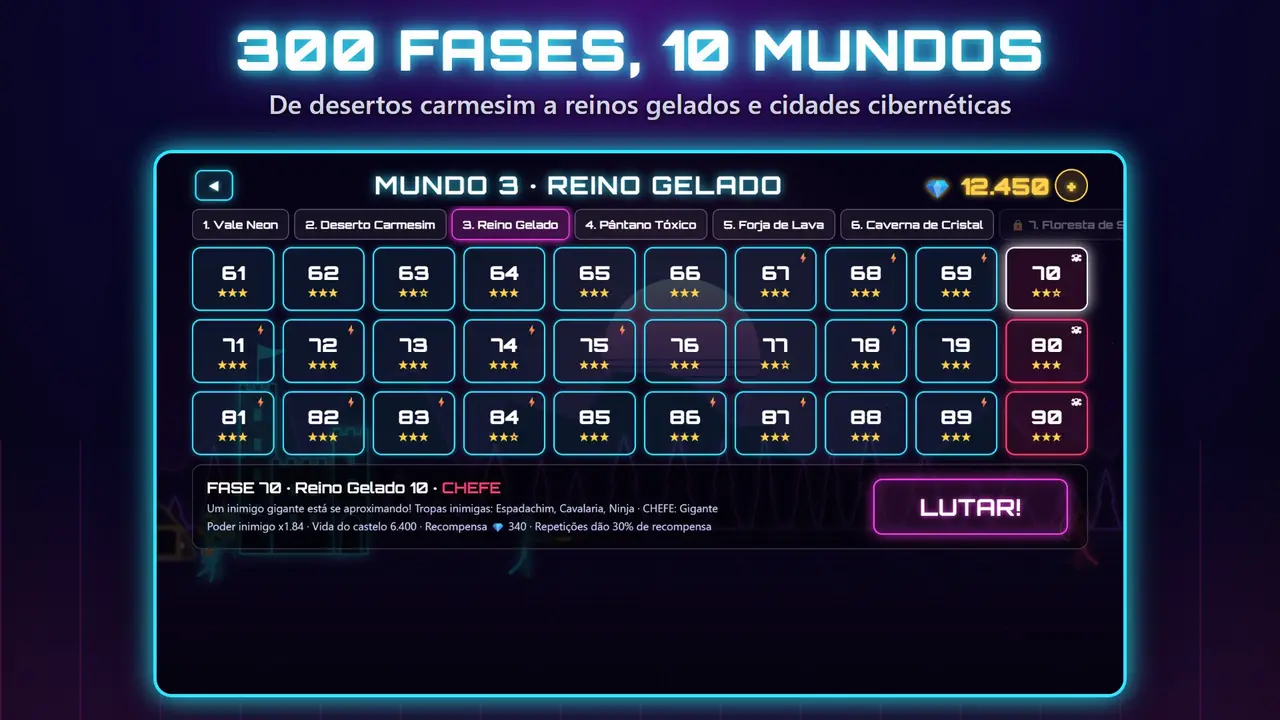 Neon Castelos – 300 FASES, 10 MUNDOS. De desertos carmesim a reinos gelados e cidades cibernéticas
