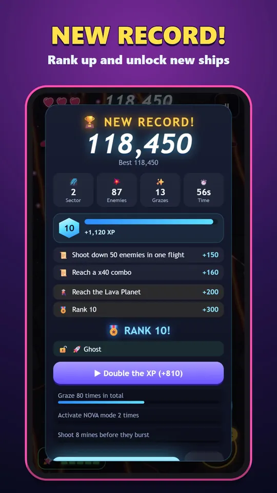 Nova Strike – The results screen with a new record and a rank-up