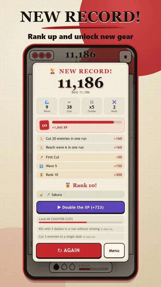 Ronin Dash – The results screen with a new record and a rank-up
