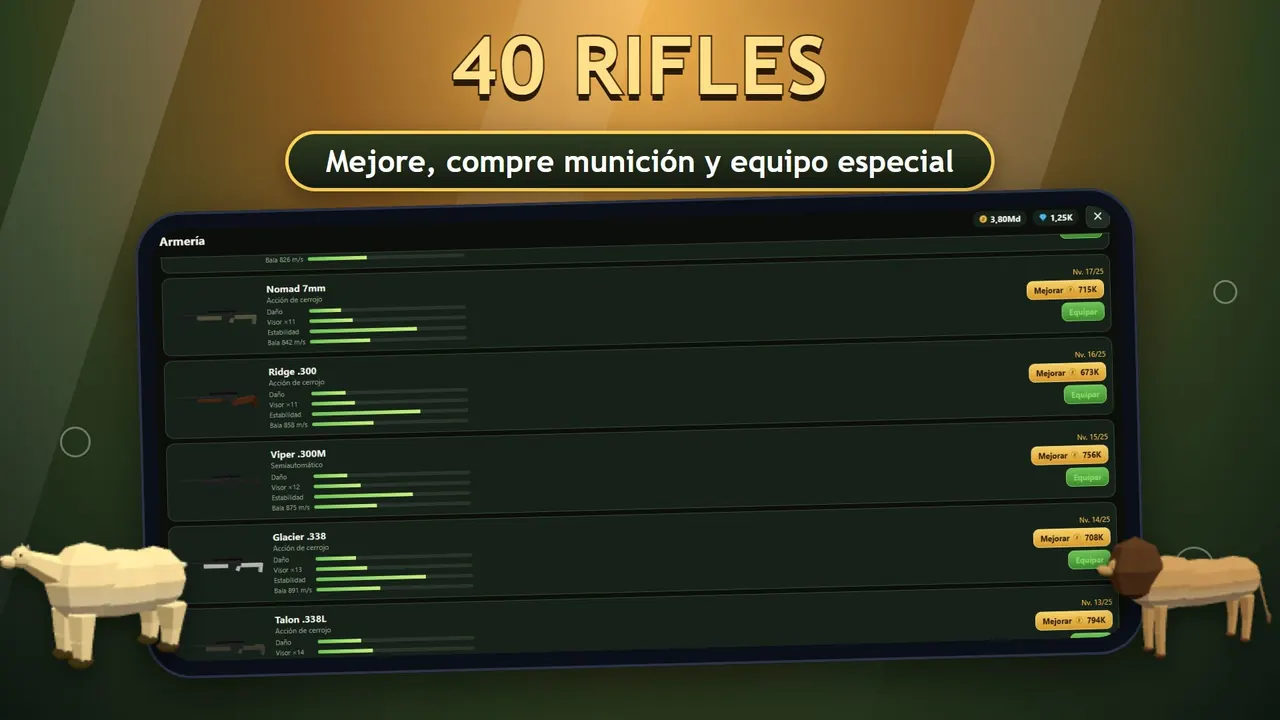 Sniper Diary: pantalla de rifles con 40 rifles