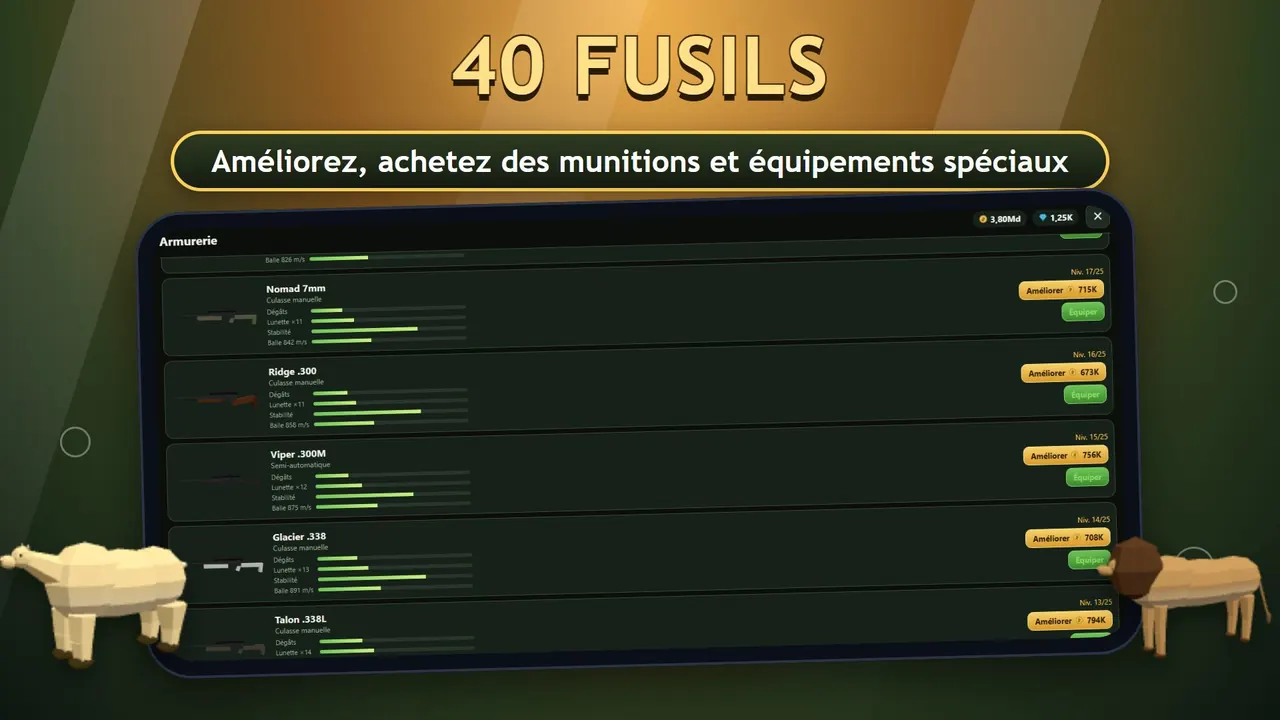 Sniper Diary : écran des fusils avec 40 fusils