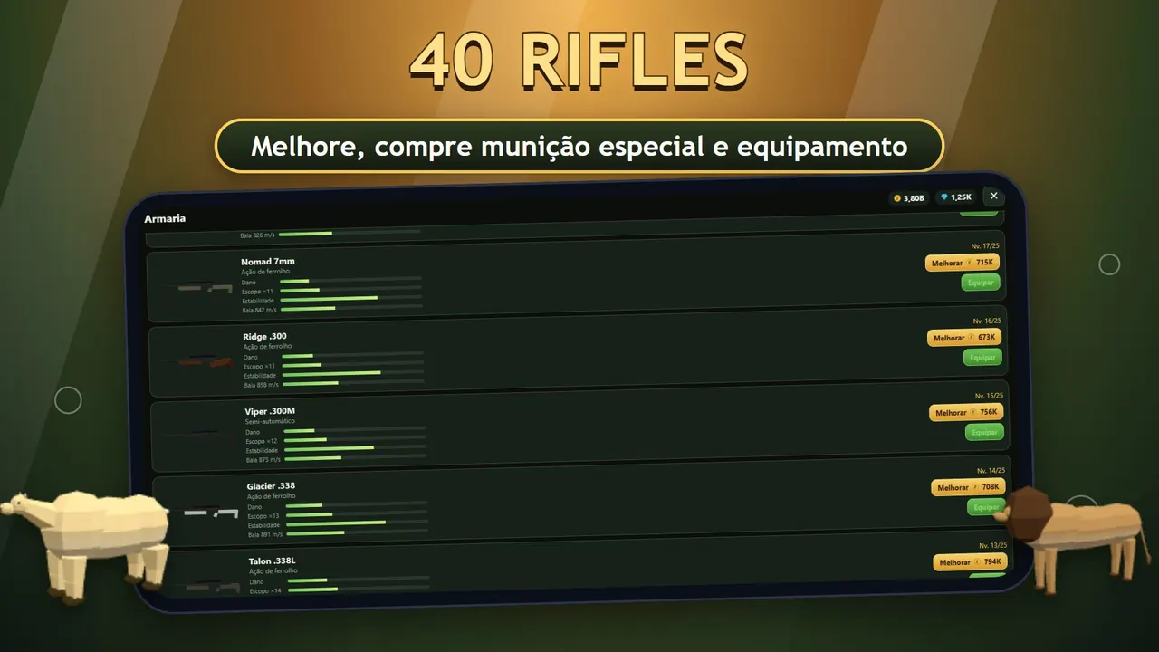 Sniper Diary: tela de rifles com 40 rifles