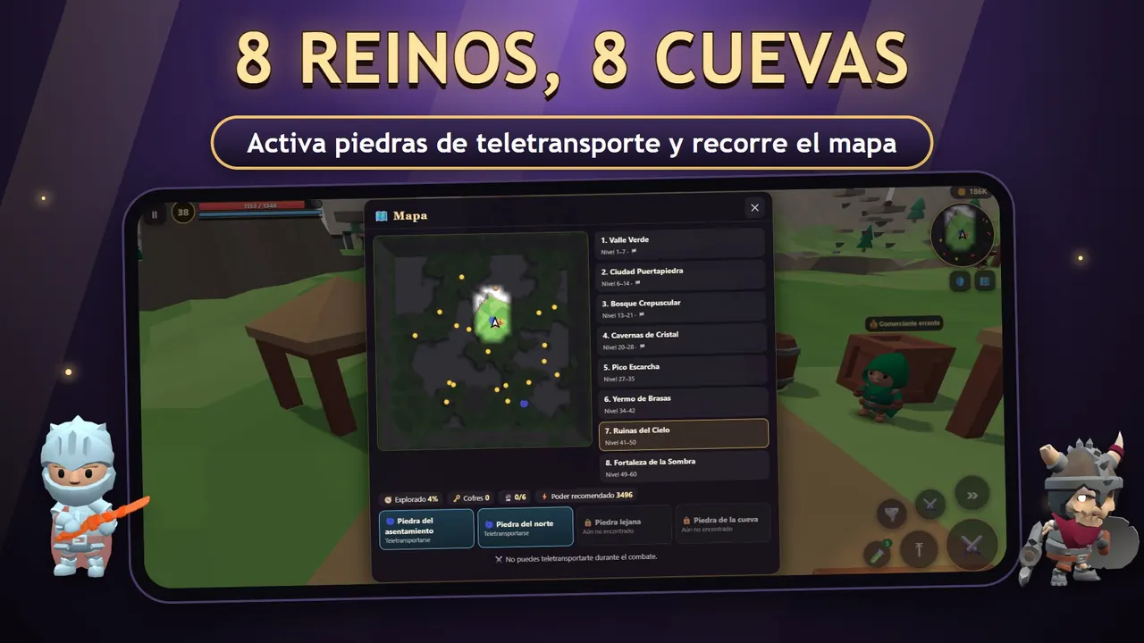 Wildblade – El mapa de 8 reinos y piedras de teletransporte