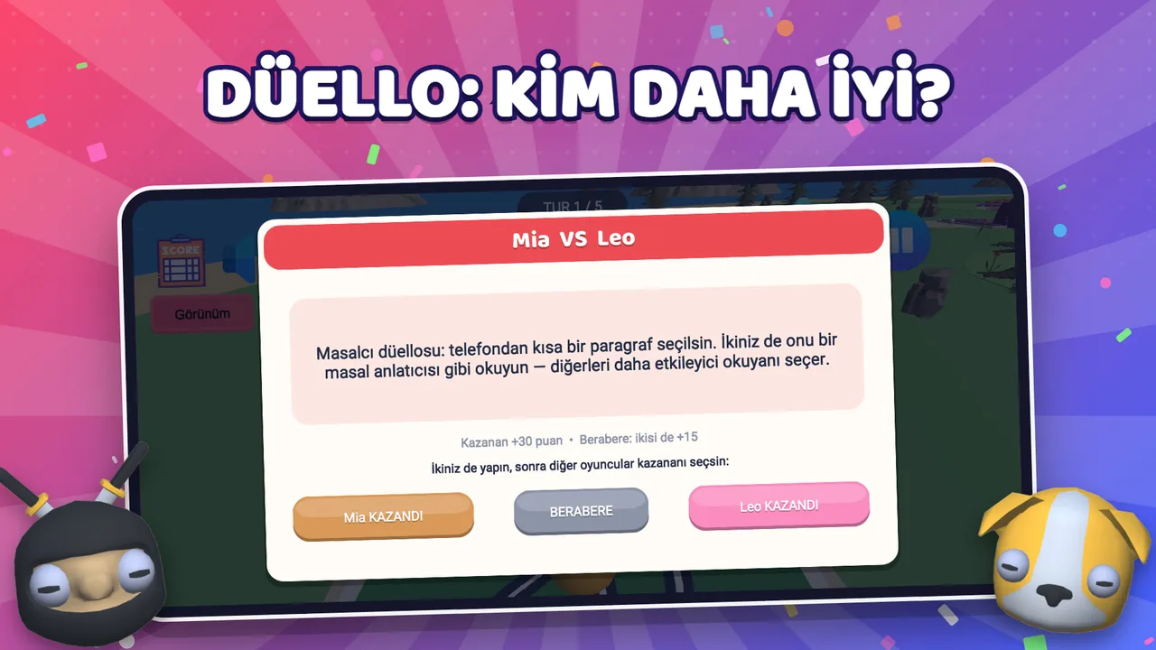 Yerse Yap düello ekranı: iki oyuncu aynı görevi yapar, kazananı diğerleri seçer